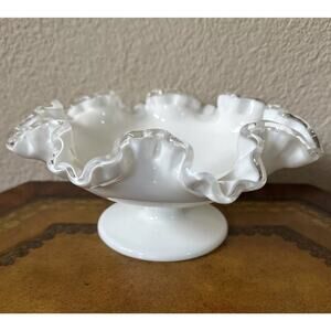 VTG Fenton Silver Crest Milk Glass Footed Bowl Candy Dish Compote‎ Ruffled MINT
